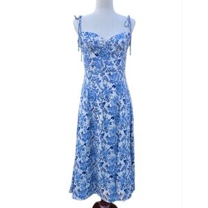 ​Petal & Pup Blue Floral Tie Strap Midi Dress Smocked Back Front Side Slit